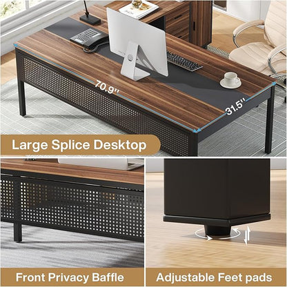 Tribesigns 71 inch Executive Desk, L Shaped Desk with Mobile File Cabinet, Executive Office Table with 2 Drawers and Storage Shelves, Business Furniture Workstation for Home Office, Walnut and Black