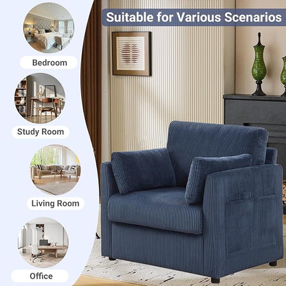 Modern Corduroy Accent Chairs, 38" W Comfy Armchair with Soft Pillows and Side Pockets, Single Reading Chairs for Living Room, Bedroom, Apartment, Navy Blue