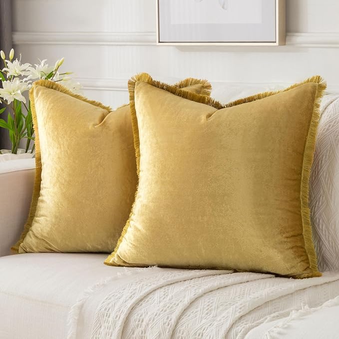FUTEI Christmas Gold Velvet Decorative Throw Pillow Covers 26x26 Set of 2,Soft Cozy Edge with Tassels Euro Pillow Shams,Boho Modern Home Decor for Couch Bed Living Room