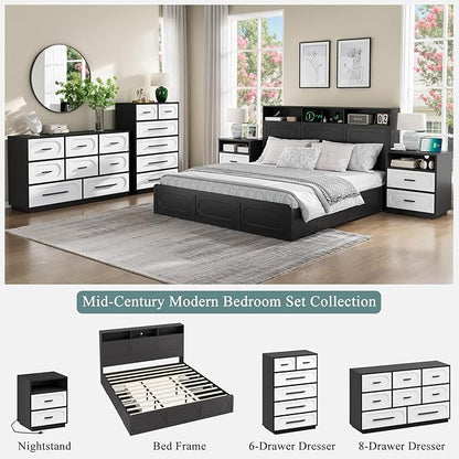 Nightstand with Charging Station, 21.7" Wide Bedside Table with 2 Storage Drawers & Open Shelf, Mid Century Modern Wood End Table for Bedroom, Living Room, Black/White