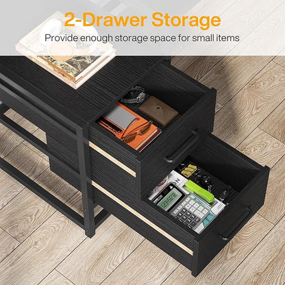 Tribesigns 55 Inch Computer Desk with 2 Drawers and Storage Shelves, Rustic Office Desk with Hutch, Study Writing Gaming Table Laptop Workstation for Home Office (Black)