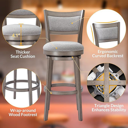 PrimeZone Swivel Bar Stools Set of 6, 30 Inch Bar Height Barstools, High Back Bar Stool with Solid Wood Legs & Wrap-Around Footrest, Counter Stools for Kitchen Island, Pub, Grey