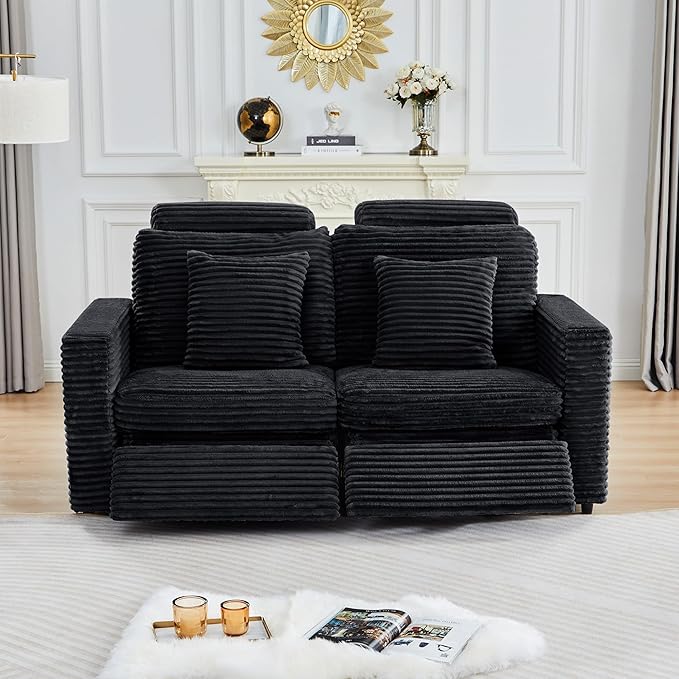 ORRD Power Reclining Sectional Sofa, Electric Loveseat Recliner with 2 Electric Footrest and Adjustable Headrest, Modern Plush Corduroy Fluffy Reclining Sectional with Deep Seat for Living Room-Black