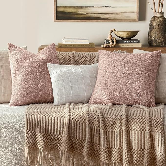 Foindtower Set of 2, Decorative Textured Boucle Throw Pillow Covers Accent Solid Lumbar Pillow Cases Cozy Couch Cushion Case for Chair Sofa Bedroom Living Room Home Decor 12 x 20 Inch Light Pink