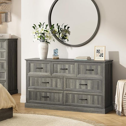 Farmhouse 7 Drawer Dresser for Bedroom, 55 Inch Wide Modern Grey Dresser TV Stand with Large Drawers & Bar Handles, Rustic Wood Chest of Drawers for Bedroom, Living Room