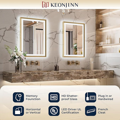 Keonjinn 60" x 36" LED Mirror for Bathroom, Brushed Gold Framed Mirror with Frontlit & Backlit, Large Lighted Mirror with Anti Fog for Wall, Stepless 3 Colors Temperature, UL-Listed LED Driver