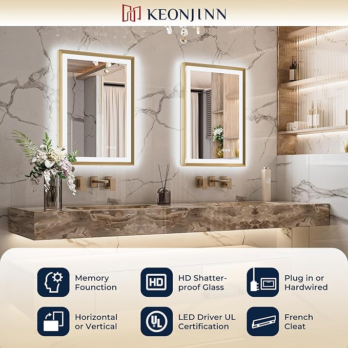 Keonjinn 42” x 36” LED Bathroom Mirror with Frontlit & Backlit, Gold Metal Framed Beveled Edge Mirror for Wall, LED Mirror with Anti Fog, Stepless 3-Color Temperature, UL-Listed LED Driver