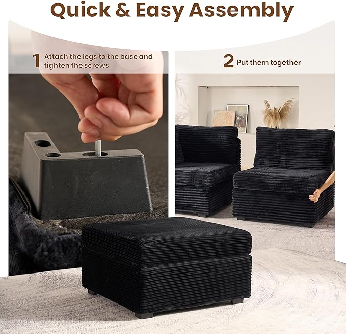 32.7'' Ottoman for Modular Sectional Sofa, Deep Seat Upholstered Footstool for Sofas Set, L/U/V Shaped Plush Corduroy Cloud Couch for Living Room Apartment, Black