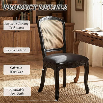 Wicker Dining Chairs Set of 6, Upholstered Linen Fabric Dining Room Chairs with Square High Rattan Back Farmhouse French Kitchen Chairs for Dining Table/Living Room/Restaurant, Black