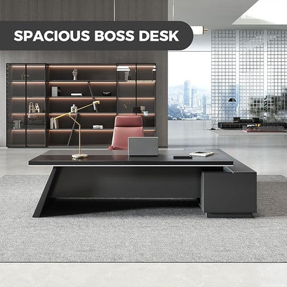L Shape Executive Desk with Drawers – Modern Large Office Desk for Home Office, Spacious Computer Workstation with Storage Cabinets, Black Finish (Black/Left, 87" L * 63" W * 30" H)