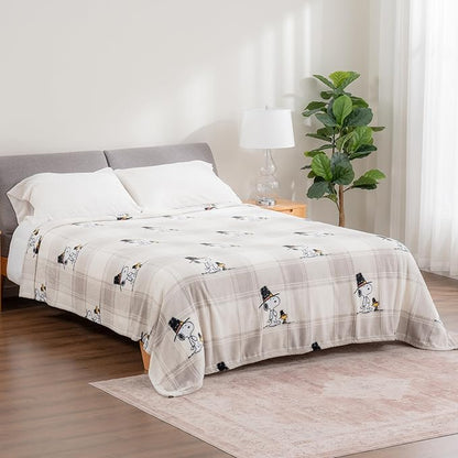 Berkshire Blanket Peanuts® VelvetLoft® Cute Character Snoopy Plush Blanket,Lakeside Plaid Harvest Snoopy and Woodstock Grey,King 90 in x 108 in (Official Peanuts® Product)