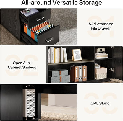 Tribesigns 85.8-Inch L-Shaped Executive Desk with File Drawers, Door Cabinet & Shelves, Extra Large Commercial Office Desk, Modern Professional Office Table Business Furniture, Grey & Black