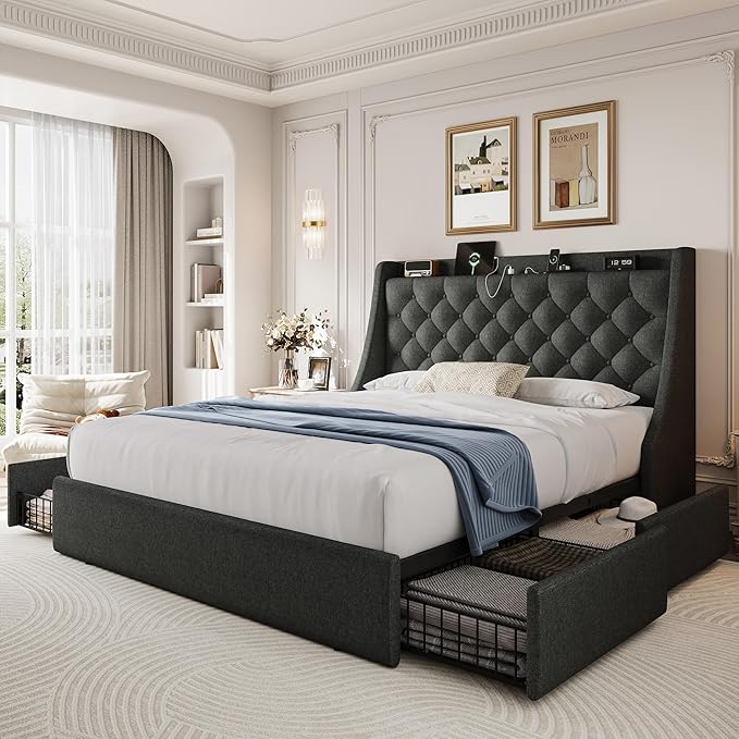 Full Size Upholstered Platform Bed Frame with 4 Storage Drawers and Charging Station, Linen Button Tufted Wingback Headboard, Sturdy Wooden Support Slats, No Box Spring Needed, Dark Grey