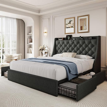 Full Size Upholstered Platform Bed Frame with 4 Storage Drawers and Charging Station, Linen Button Tufted Wingback Headboard, Sturdy Wooden Support Slats, No Box Spring Needed, Dark Grey