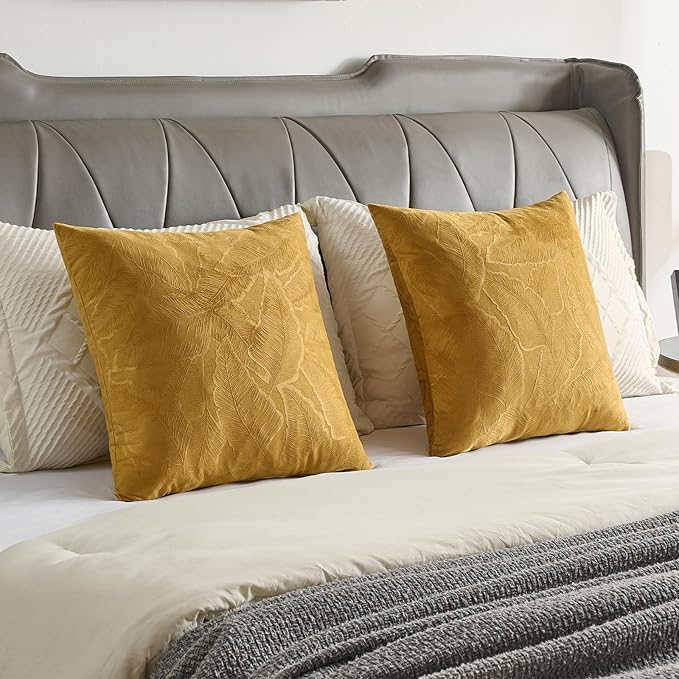 FUTEI Golden Yellow Velvet Throw Pillow Covers 20x20 Inch Set of 2,Soft Embossed Leaf-Relief Textured Cushion Cases,Natural Home Decor for Couch Living Room