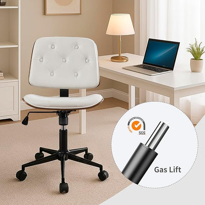 Small Home Office Chair – Adjustable Height, Armless PU Leather Mid-Back Desk Chair with Swivel Wheels, Walnut Finish, Perfect for Study or Bedroom, White