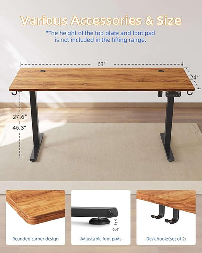 YIHAYO Electric Standing Desk, 63 x 24 Inches Stand Up Desk with Splice Board, Computer Desk for Home Office, Black Frame/Rustic Brown Top