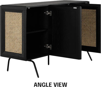 NTC MOSSIC Modern Sideboard with 4 Doors, Natural Rattan Storage Cabinet, Buffet with Metal Legs, Boho Accent Cabinet for Living Room, and Entryway, Effortless Assembly - Burnt Black