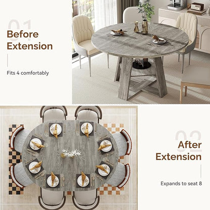 Aivermel 43.3‑59 in Extendable Oval Dining Table for 4‑6, Engineered Wood Round Dining Table with Hidden Extension Storage & Bottom Shelf, Space‑Saving Modern Kitchen Living Room Tables (Vintage Grey)