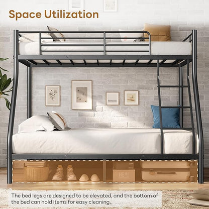 Bunk Beds Twin Over Full Size, Heavy Duty Metal Bunk Bed Frame with Angled Ladder for Teens and Adults, for Spaces-Saving, Smooth Rounded Edges, Noise Free & Easy Assembly, Black