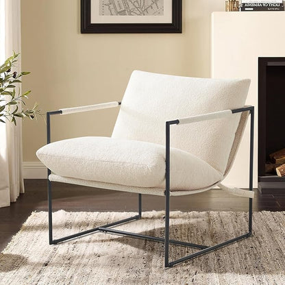 Furnilivng Large Sling Accent Chairs Set of 2, Comfortable Boucle Fabric Arm Chair, Upholstered Cozy Reading Chair for Living Room, Bedroom, Dressing Room, Home Office, White
