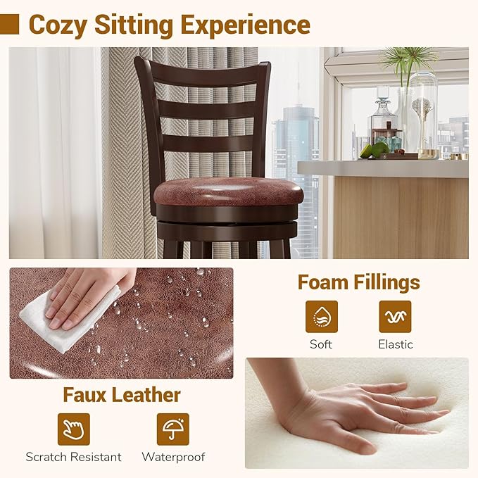 COSTWAY 30” Bar Height Stools Set of 4, Swivel l High-Top Chairs with Backrest & Faux Leather Padded Seat, Rubber Wood Barstools with Footrest for Kitchen, Dining Room, Pub (4,30'')