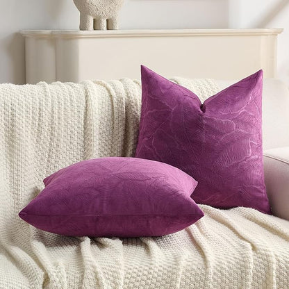 FUTEI Purple Velvet Throw Pillow Covers 24x24 Inch Set of 2,Soft Embossed Leaf-Relief Textured European Cushion Cases,Natural Home Decor for Couch Living Room