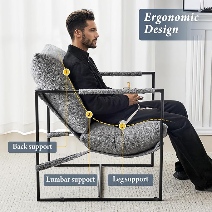 Sling Accent Chair with Metal Frame, Comfortable Boucle Fabric Arm Chair, Upholstered Cozy Reading Chair for Living Room, Bedroom, Dressing Room, Home Office, Grey