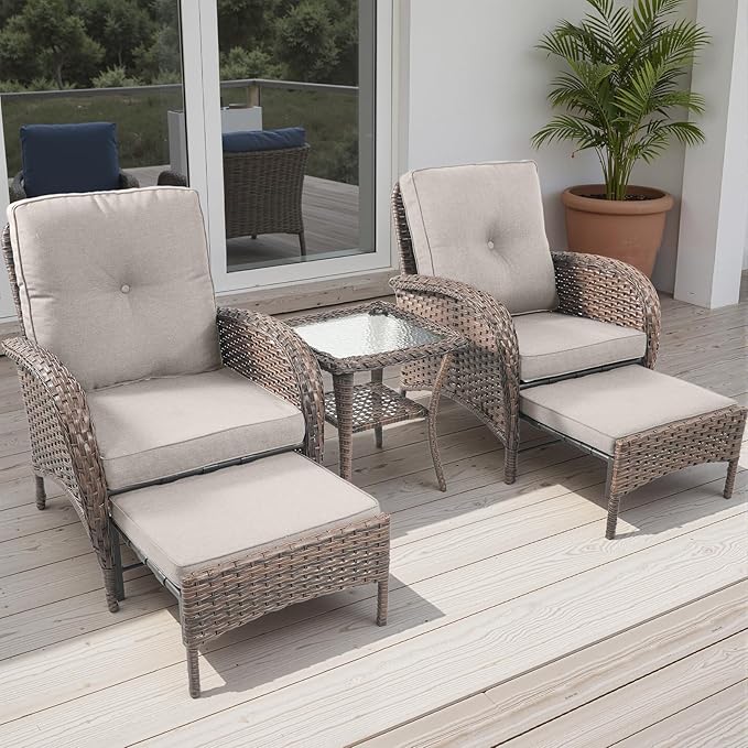 Rilyson 5 Piece Patio Furniture Set - Wicker Balcony Furniture Set with Hidden Ottomans, Rattan Outdoor Patio Chairs with Side Table for Porch Deck Poolside Garden Brown/Beige