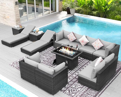 NICESOUL 13 Piece Outdoor Wicker Furniture for Patios with Fire Pits, Oversize Grey Outside Patio Set with Matching Lounges, 29.3" High Back Sectional Couch Sets for Tall Big People for Poolside, Yard