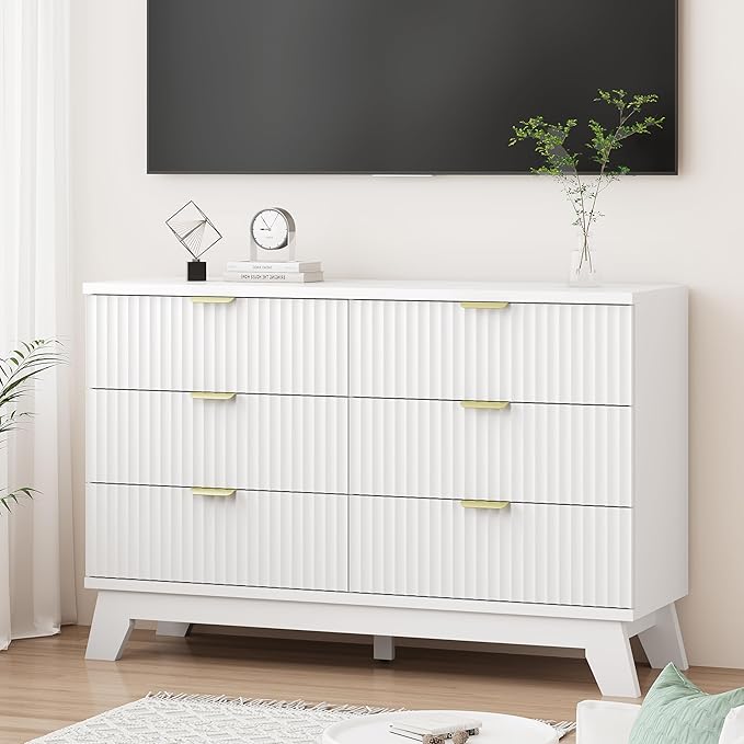 Fluted Dresser for Bedroom with 6 Drawers, 48" Wide Modern Chest of Drawers with Metal Handle, Wooden Dresser TV Stand, Wood Closet Clothes Storage Drawer Organizer for Living Room, Hallway, White