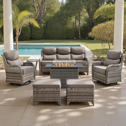 Belord Luxury 6" Thick Cushioned 7 Pieces Patio Furniture Set with Fire Pit Table, Wicker Outdoor Conversation Set with High Back Swivel Rocker Chairs for Deck Porch Yard and Poolside - Grey+Grey
