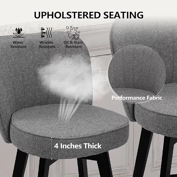 MINCETA Bar Stools Set of 2, 26 Inch Upholstered Barstools with Backrest and Footrest, Swivel Counter Height Barstools for Kitchen Island Home Bar Gray
