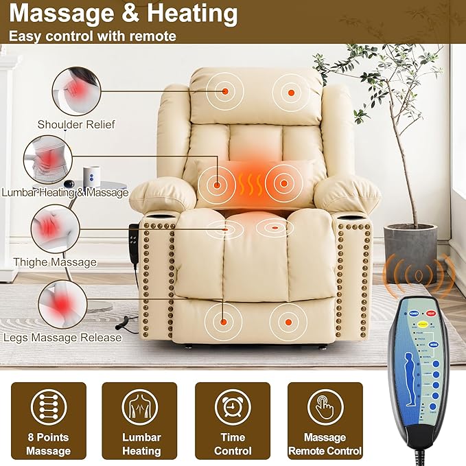 Dual Motor Large Power Lift Recliner Chair for Elderly with Heat and Massage,Lay Flat Lift Chairs Recliners for Seniors Infinite Position,USB Ports&Remote, Leather (Beige, Large)