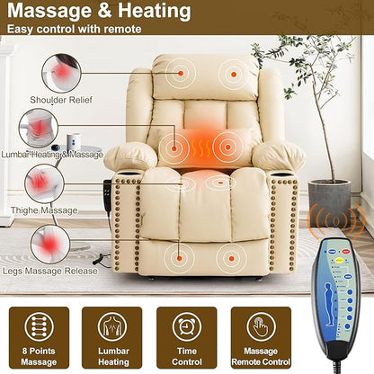 Dual Motor Large Power Lift Recliner Chair for Elderly with Heat and Massage,Lay Flat Lift Chairs Recliners for Seniors Infinite Position,USB Ports&Remote, Leather (Beige, Large)