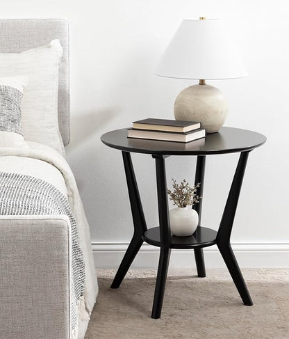 Kate and Laurel Nylah Round Wooden Side Table; 24 x 24 x 24; Black; Modern Tiered Circle Living Room Table with Solid Wood Construction for Use as Bedroom Nightstand