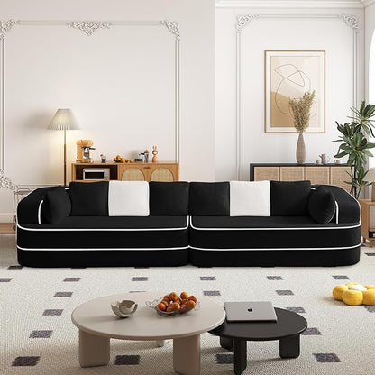 135" Modular Sectional Couch, 4-Seater with Throw Pillows Modern Teddy Fabric Foam Boneless Sofa for Living Room, Oversized with Deep Seat, No Assembly Required,Black