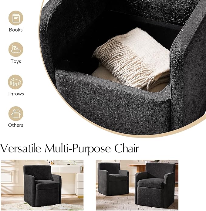 HULALA HOME Upholstered Dining Chair Set of 2 with Smooth-roling Castors, Modern Fabric Side Dining Room Chairs with Built-in Storage, Multi-Purpos Kitchen Chairs for Living Room, Black