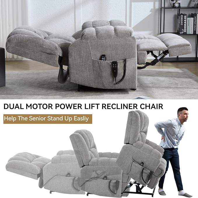 Power Lift Recliner Chair for Elderly, Oversized Chenille Electric Recliners Chairs for Living Room, Dual Motor 180° Lay Flat Recliner Big Sofa with Massage and Heating, Heavy-Duty, Light Grey