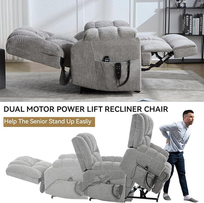 Power Lift Recliner Chair for Elderly, Oversized Chenille Electric Recliners Chairs for Living Room, Dual Motor 180° Lay Flat Recliner Big Sofa with Massage and Heating, Heavy-Duty, Light Grey