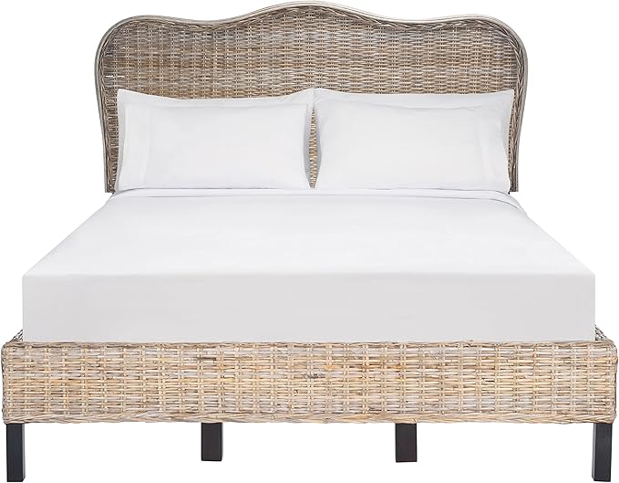 SAFAVIEH Home Collection Daejon Coastal Rattan Legs Camelback Headboard Full Size Bed BED8001A-F, Grey/Espresso