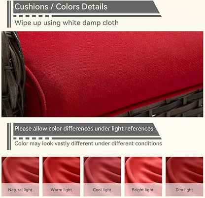 4 Pieces Patio Conversation Set, Wicker Chairs Set of 2 and Two Ottomans with 3.5-inch Seat Cushions, High Back and Curved Armrest for Backyard, Balcony and Deck, Red