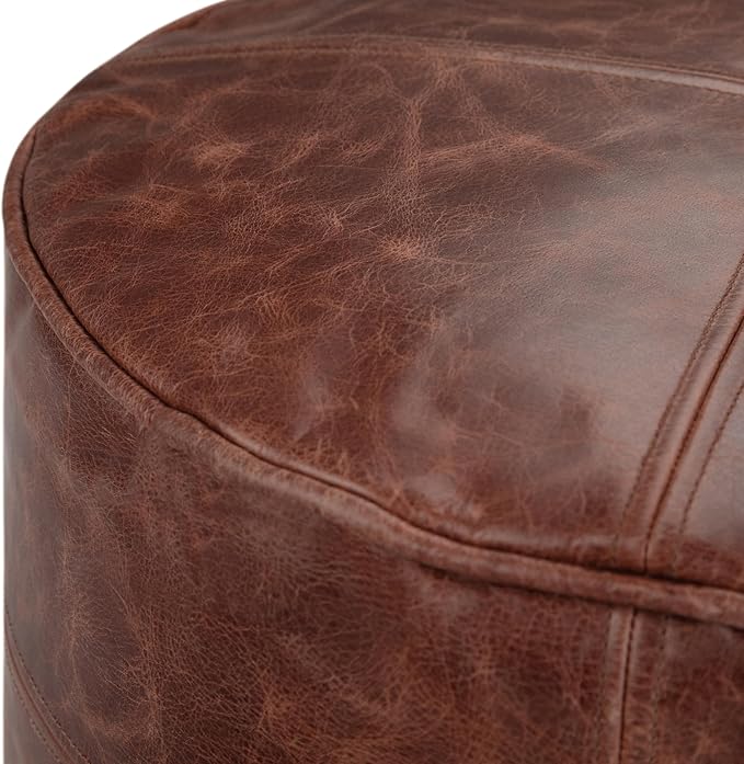 SIMPLIHOME Connor Round Pouf - 18 inch Wide Upholstered Genuine Leather Ottoman in Distressed Brown, Boho Footstool or Extra Seating for Living Room or Bedroom with Polystyrene Filling, Assembled