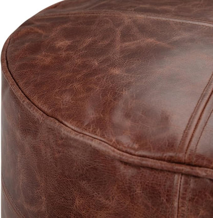 SIMPLIHOME Connor Round Pouf - 18 inch Wide Upholstered Genuine Leather Ottoman in Distressed Brown, Boho Footstool or Extra Seating for Living Room or Bedroom with Polystyrene Filling, Assembled
