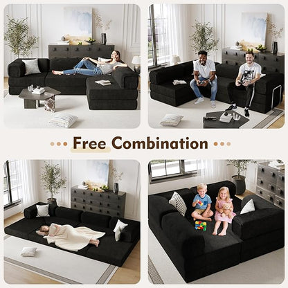 108" L Shaped Couch, Modular Sectional Sofa with Chaise, Cloud Boneless Couch with Deep Seat & Removable Pillow for Living Room, Bedroom,No Assembly Required（Black）