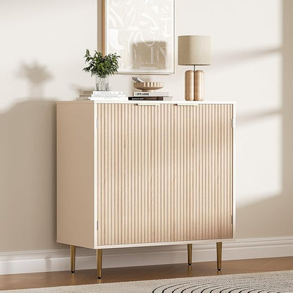 Buffet Sideboard Cabinet [Set of 2], Kitchen Cabinet with Golden Handles & Legs, Modern Accent Storage Cabinet with Adjustable Shelf, Coffee Bar for Kitchen, Dining Room, Oak