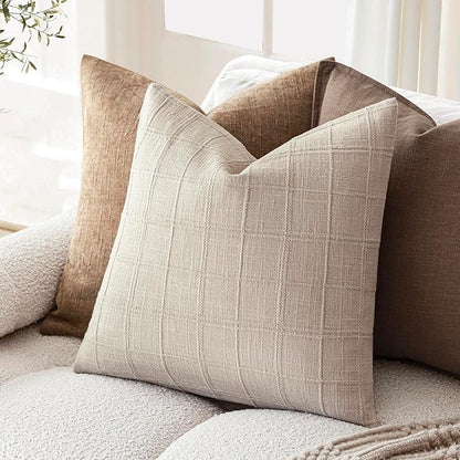 Foindtower Set of 2 Decorative Linen Check Throw Pillow Covers Neutral Farmhouse Vintage Cushion Covers Modern Boho Home Decor for Sofa Chair Couch Bedroom Living Room,18×18 Inch,Natural Linen