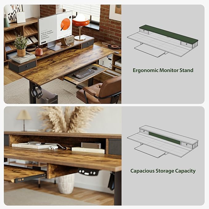 Agilestic Electric Standing Desk with 2 Drawers and Keyboard Tray, 63 x 24 Inches Ergonomic Adjustable Height Desk with Storage, Sit Stand up Computer Workstation, Rustic Brown