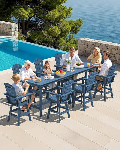 SERWALL 10-Piece Swivel Adirondack Bar Set, HDPE Swivel Bar Height Chairs Set of 8 with 2 Bar Tables, All-Weather Outdoor Barstools for Patio, Poolside, Garden, Blue