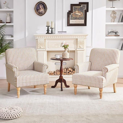HUIMO Linen Fabric Accent Chairs Set of 2, Mid-Century Modern Armchair with Solid Wood Legs, Single Sofa Chair,Upholstered Reading Club Chair (2, Brown and White Stripe)